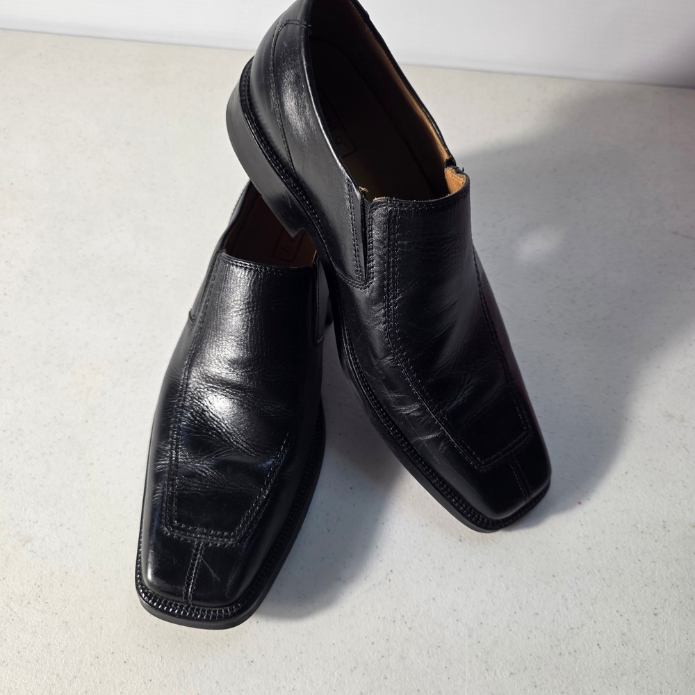 Apt 9 Mens Black Leather Square Bicycle Toe Slip On Dress Loafers Shoes